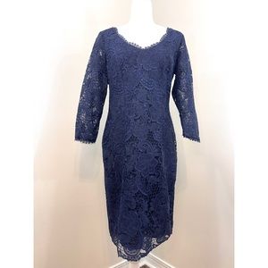 Adrianna Papell Navy Lace ¾ Length Sleeve Sheath Dress - EUC